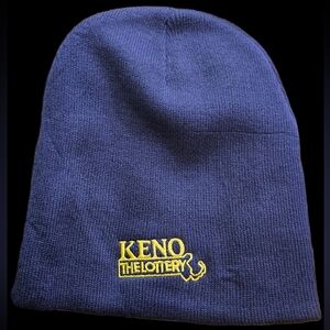 NWT UNIVERSAL NAVY BLUE & GOLD EMBROIDERY KENO THE LOTTERY BEANIE HAT O/S!